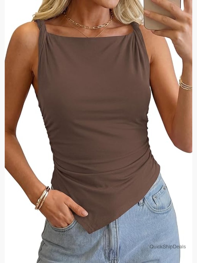Soft Knit Asymmetrical Twist Straps Tank Top - Sleeveless Ruched Slim Fit Going